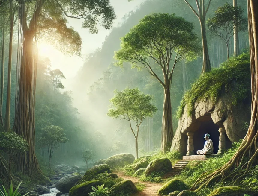 digital_image_created_to_symbolize_Narayana_Guru's_quest_for_truth_and_enlightenment_at_the_Maruthwamala_hills_in_Kerala Maruthwamala hills, Kerala, meditation, enlightenment, Narayana Guru, spiritual journey, tranquil landscape, lush greenery, serene nature, spiritual retreat
