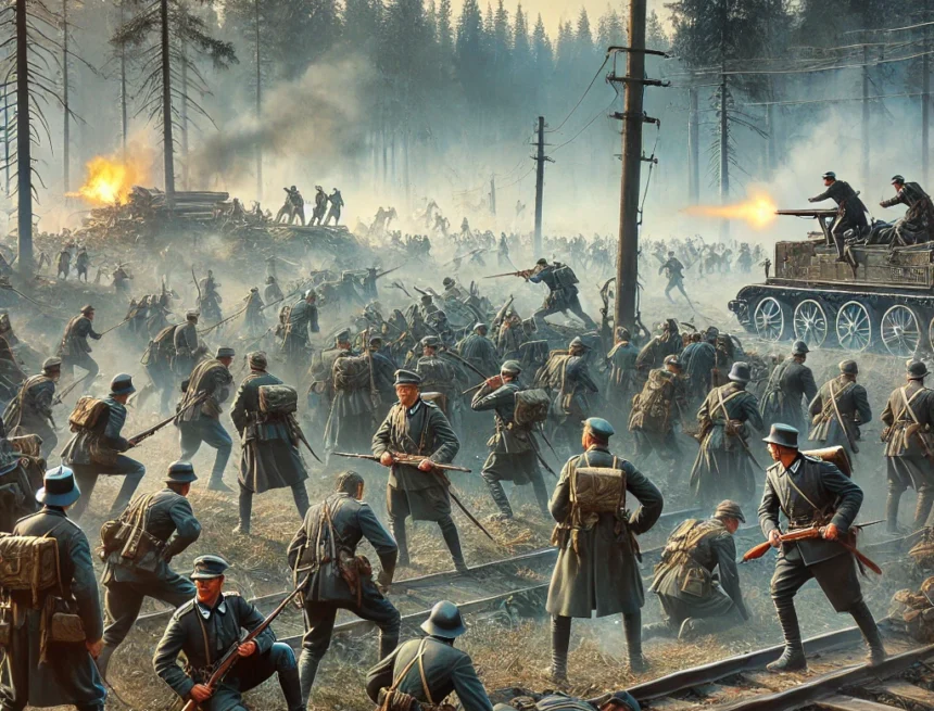 digital_image_depicting_a_dramatic_scene_from_the_Battle_of_Tannenberg_during_World_War_I World War I, Battle of Tannenberg, German troops, Russian soldiers, military uniforms, telegraph lines, rail systems, artillery fire, East Prussia, smoky battlefield