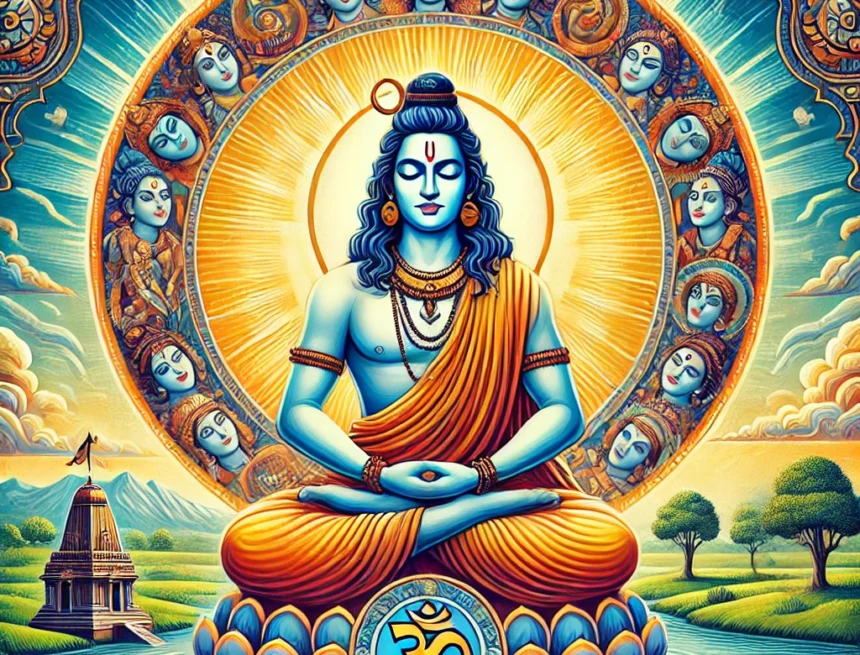 digital_image_depicting_an_artistic_representation_of_Bhagwan_Dattatreya_symbolized_as_an_avatar_of_the_Trimurti—Brahma_Vishnu_and_Shiva Bhagwan Dattatreya, Trimurti, Brahma, Vishnu, Shiva, meditation, enlightenment, sun, natural landscape, Indian art, spiritual, traditional