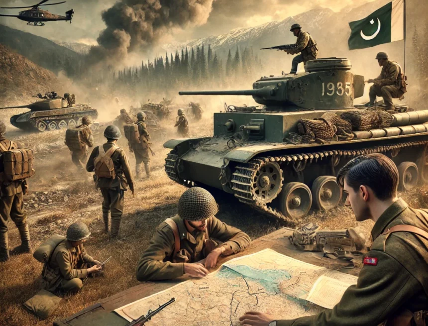 Indo-Pakistani War, Operation Grand Slam, military strategy, vintage tanks, soldiers, Kashmir landscape, wartime, historical battle, strategic planning, military uniforms