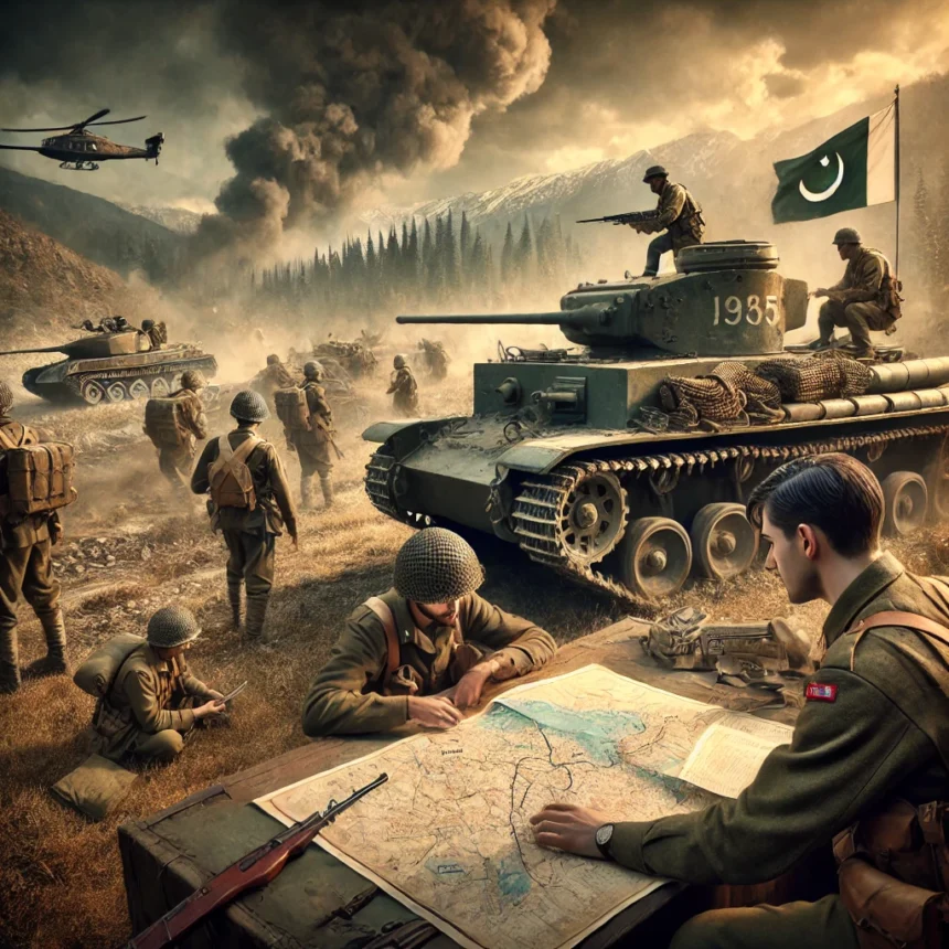 Indo-Pakistani War, Operation Grand Slam, military strategy, vintage tanks, soldiers, Kashmir landscape, wartime, historical battle, strategic planning, military uniforms