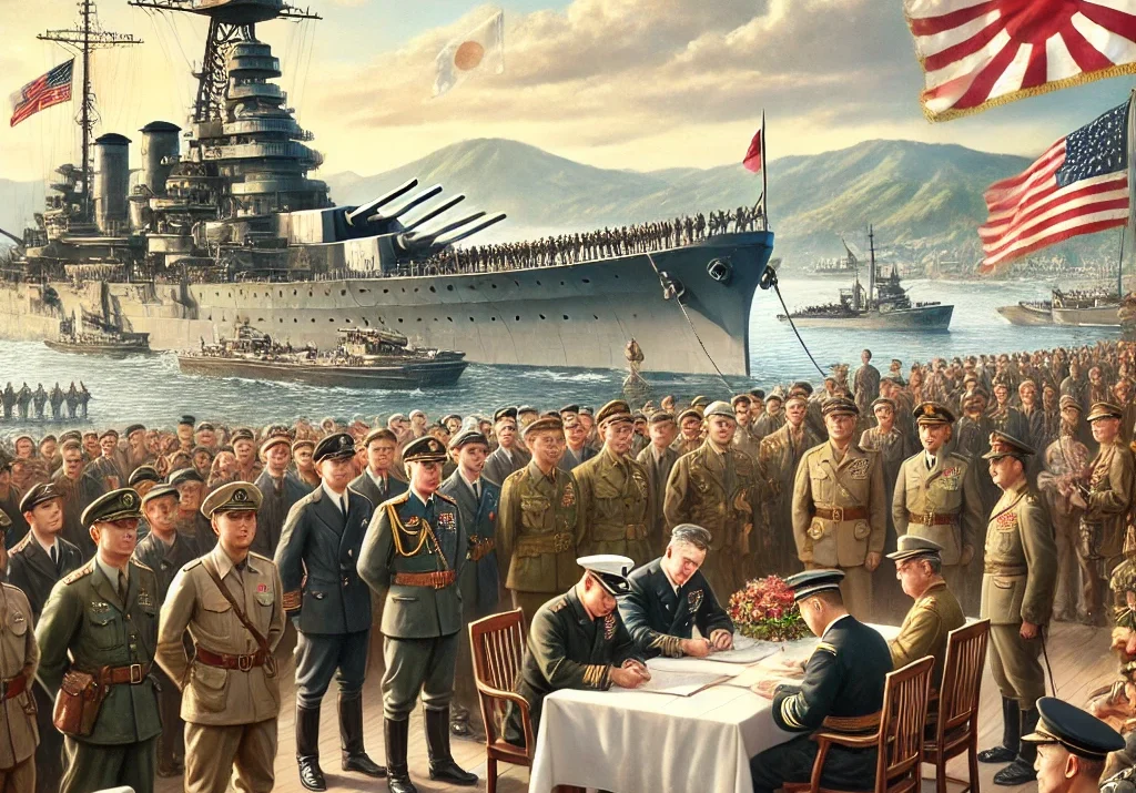 World War II, V-J Day, USS Missouri, Tokyo Bay, formal surrender, military uniforms, Allied nations, historical event, digital painting, solemn atmosphere