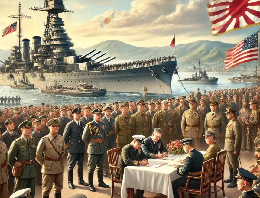 digital_image_depicting_the_formal_surrender_of_Japan_aboard_the_USS_Missouri_in_Tokyo_Bay World War II, V-J Day, USS Missouri, Tokyo Bay, formal surrender, military uniforms, Allied nations, historical event, digital painting, solemn atmosphere
