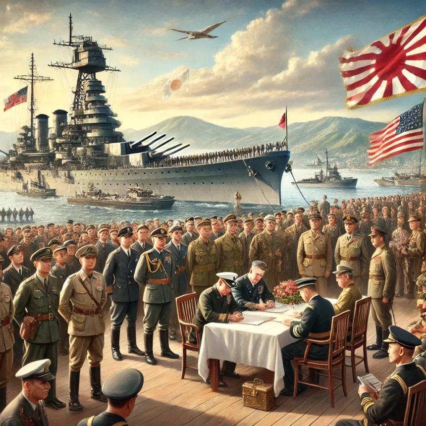 World War II, V-J Day, USS Missouri, Tokyo Bay, formal surrender, military uniforms, Allied nations, historical event, digital painting, solemn atmosphere
