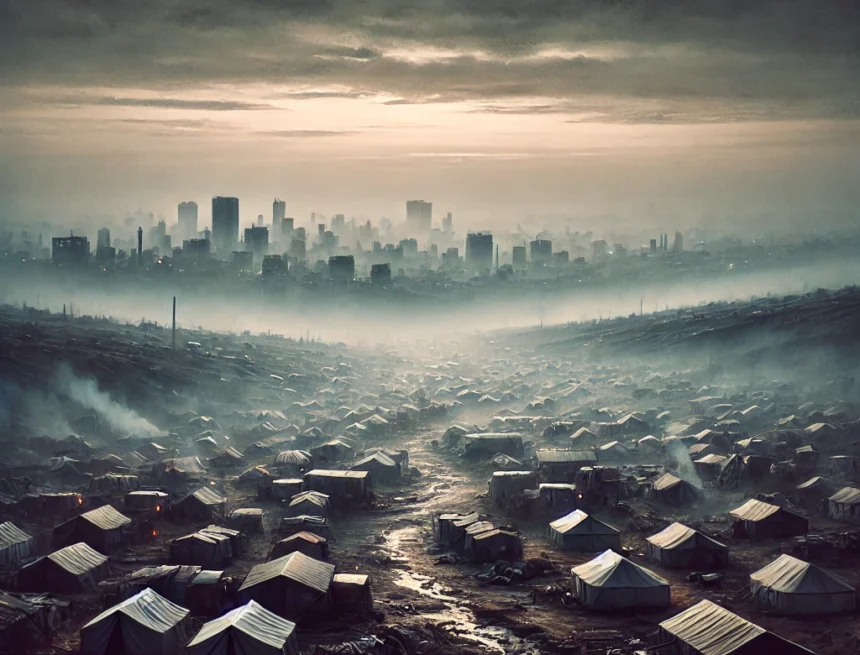 digital_image_depicting_the_scene_of_the_Sabra_and_Shatila_massacre_focusing_on_the_makeshift_tents Sabra and Shatila, massacre, historical event, Lebanon, refugee camp, barren landscape, gloomy sky, solemnity, makeshift tents, desolation