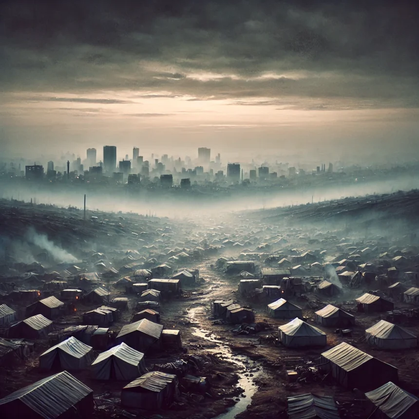 Sabra and Shatila, massacre, historical event, Lebanon, refugee camp, barren landscape, gloomy sky, solemnity, makeshift tents, desolation