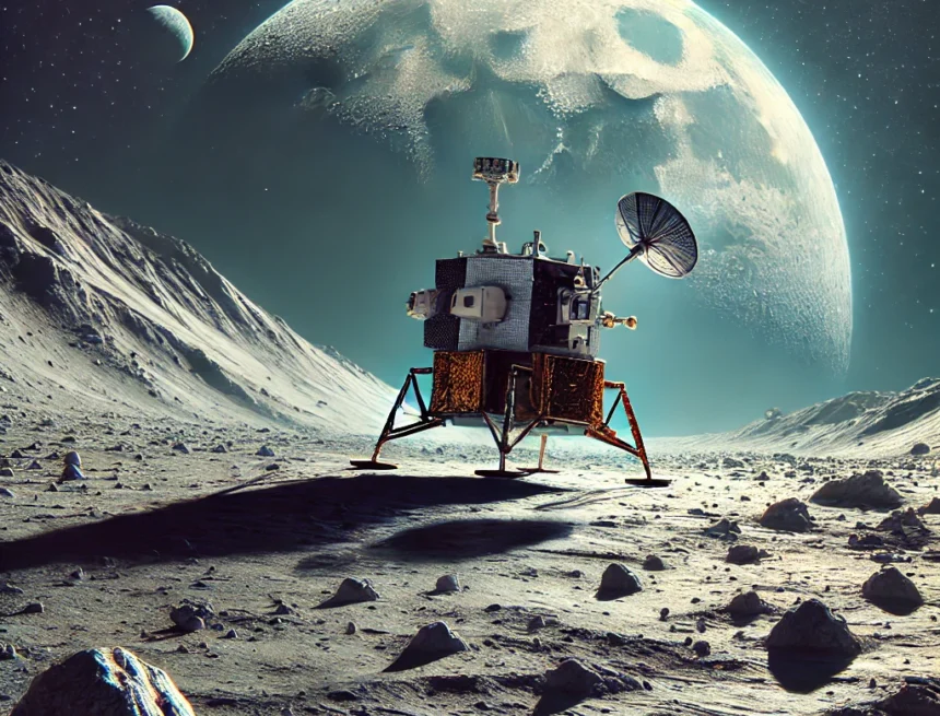 digital_image_illustrating_India's_Chandrayaan-3_lunar_lander_on_the_Moon's_south_pole Chandrayaan-3, lunar lander, Moon's south pole, rugged lunar terrain, space exploration, technological achievement, Earth from Moon, lunar mission, ISRO, space technology