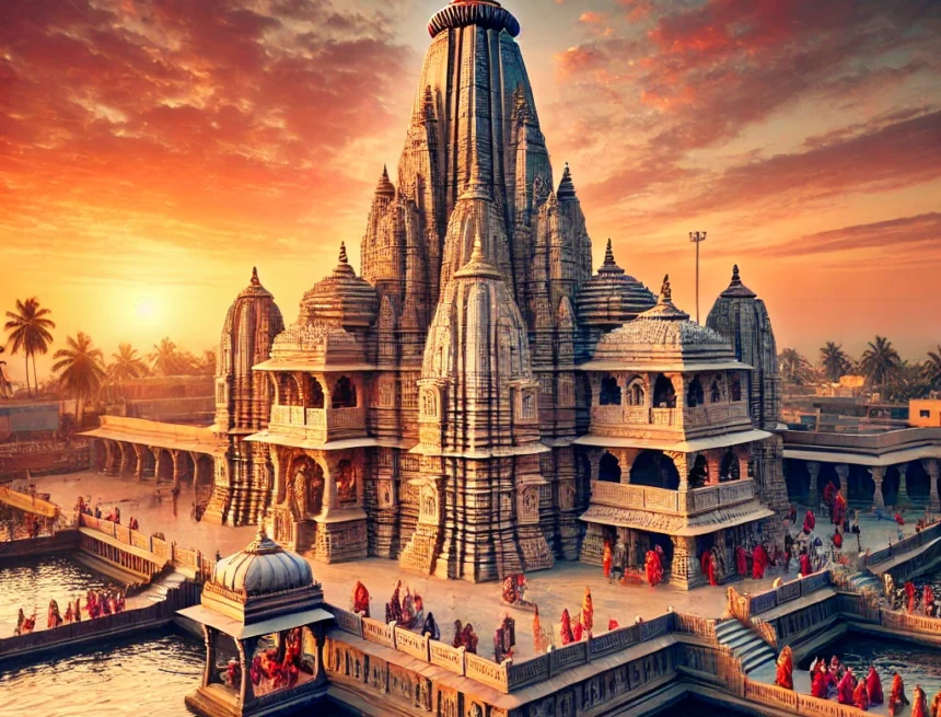 digital_image_of_Dwarka_Temple_at_sunset_depicting_its_grand_spire_and_elaborate_carvings_set_against_the_vibrant_backdrop_of_the_Arabian_Sea Dwarka Temple, sunset, Arabian Sea, Indian architecture, spiritual site, pilgrimage, traditional attire, prayer, Indian culture, temple carvings, orange sky, pink sky