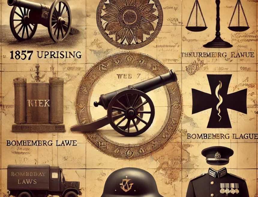 digital_image_representing_a_week_of_historic_milestones_featuring_symbolic_icons vintage map, historic icons, Nuremberg Laws, 1857 Uprising, Bombay Plague, Uri attack, military helmet, ancient cannon, gavel, medical symbol, Struggles and Triumphs
