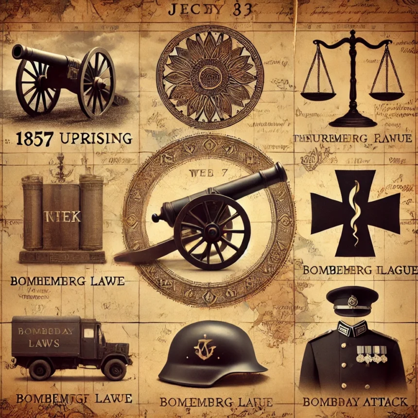 vintage map, historic icons, Nuremberg Laws, 1857 Uprising, Bombay Plague, Uri attack, military helmet, ancient cannon, gavel, medical symbol, Struggles and Triumphs
