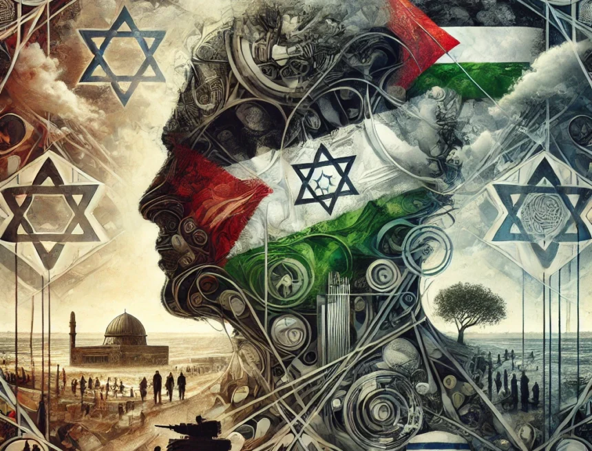 digital_image_that_reflects_the_complexities_of_the_Israel-Palestine_conflict Israel-Palestine conflict, peace process, historical turmoil, religious symbolism, abstract art, political strife, Middle East peace, digital artwork