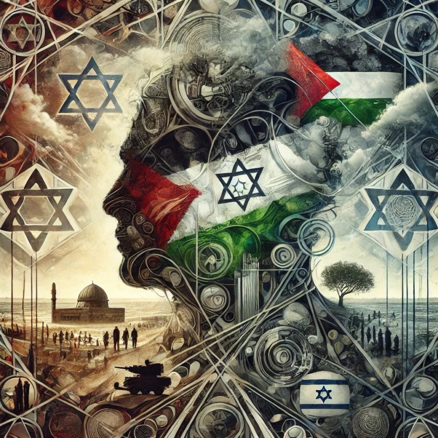 Israel-Palestine conflict, peace process, historical turmoil, religious symbolism, abstract art, political strife, Middle East peace, digital artwork