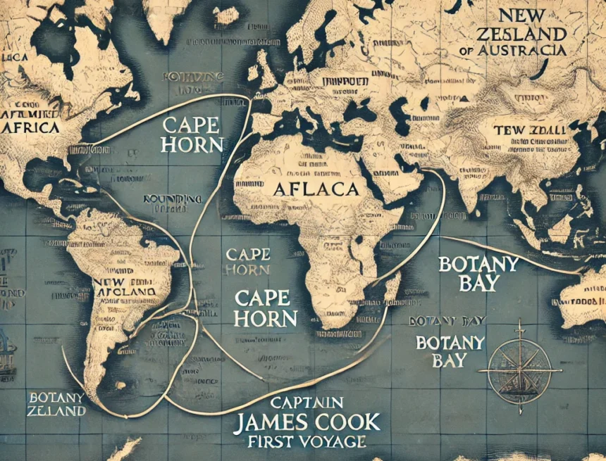 digital_map_showing_the_journey_of_Captain_James_Cook's_first_voyage world map, Captain James Cook, maritime journey, historic voyage, Plymouth, Tahiti, New Zealand, Botany Bay, Cape Horn, digital map