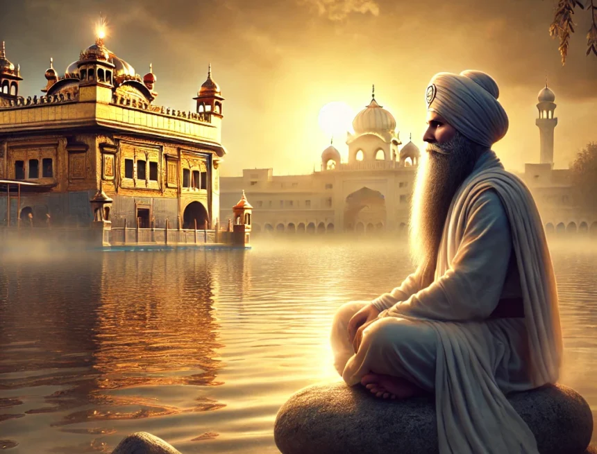 image_depicting_Guru_Arjan_Dev_near_the_Golden_Temple_reflecting_his_serene_and_spiritual_aura Guru Arjan Dev, Adi Granth, Sikh Guru, historical scene, Sikh architecture, scholarly pursuit, traditional Indian room, serene atmosphere, natural light, devotion