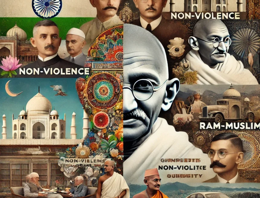 image_depicting_various_controversies_surrounding_Mahatma_Gandhi's_legacy_in_a_digital_art_collage controversies, history, digital collage, political debate, legacy, Mahatma Gandhi Principles