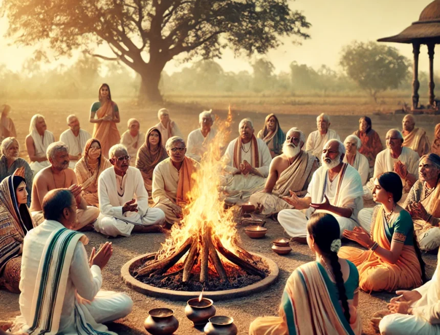 image_illustrates_a_traditional_Hindu_ritual_and_mantra_chanting_taking_place_outdoors Hindu ceremony, Vedic chanting, outdoor ritual, sacred fire, traditional Indian clothing, spiritual gathering, cultural heritage, Samskara Analyzed, 16 Sanskara Analyzed