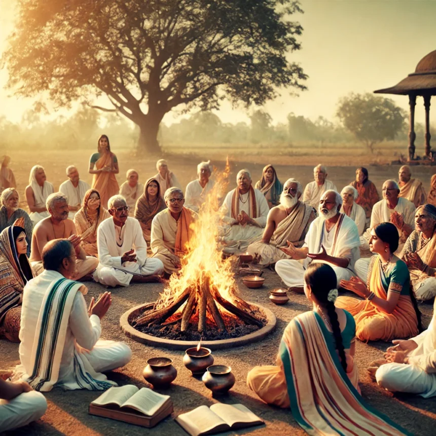 Hindu ceremony, Vedic chanting, outdoor ritual, sacred fire, traditional Indian clothing, spiritual gathering, cultural heritage, Samskara Analyzed, 16 Sanskara Analyzed