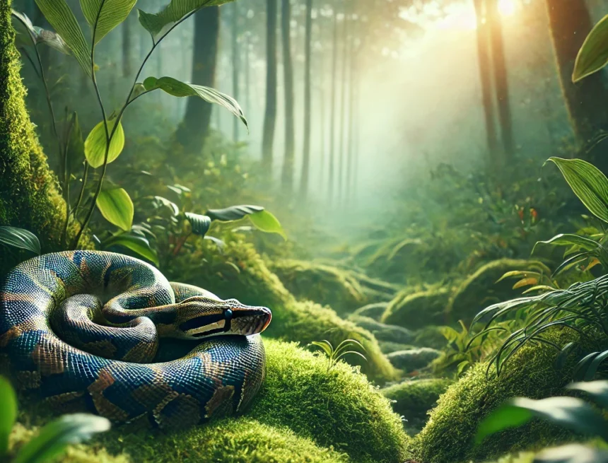 image_of_a_python_waiting_silently_in_a_natural_setting_reflecting_the_themes_of_patience_and_strategic_stillness python, barren landscape, solitary tree, patience, strategic stillness, minimalism, wildlife, natural scene, isolation, dry terrain, Dattatreya and His Guru Python