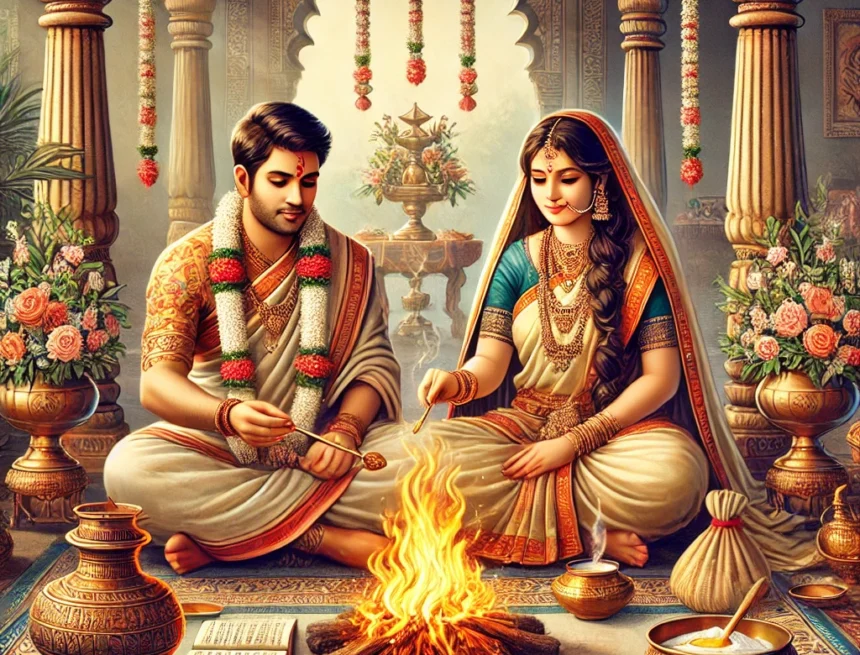image_showing_a_couple_and_a_priest_around_a_sacred_fire,_participating_in_the_Punsavan_Samskara_ritual Punsavan Samskara, Hindu ritual, prenatal ceremony, traditional ceremony, sacred fire, cultural heritage, spiritual ceremony, Indian tradition, ceremonial attire, Hindu priest, 16 Sanskara