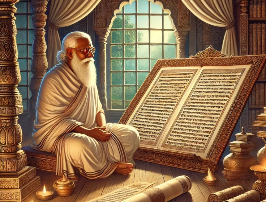scene_of_a_scholarly_Hindu_priest_studying_ancient_texts_on_Punsavan_Samskara Hindu priest, ancient manuscripts, Punsavan Samskara, traditional study, Ashvalayana Grihyasutra, serene