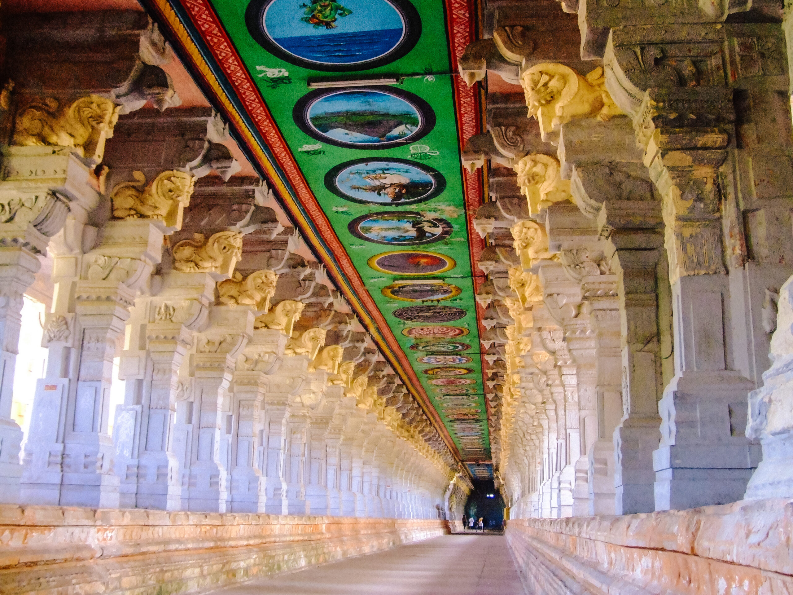 Rameshwaram Temple, temple corridor, Dravidian architecture, stone pillars, carved pillars, religious iconography, Hindu temple, sacred art, pilgrimage site, Tamil Nadu