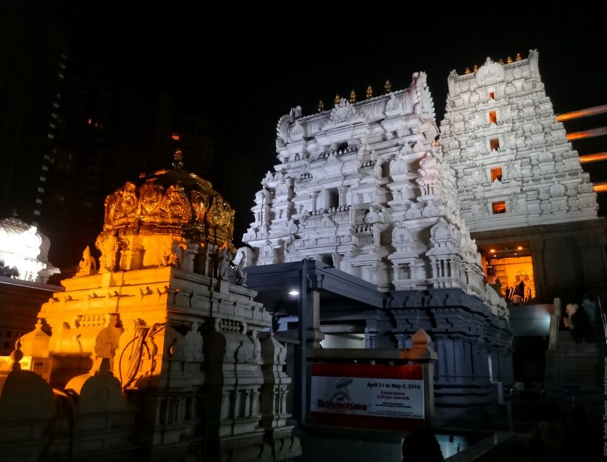 ISKCON Temple Bangalore, Hindu temple, religious architecture, night photography, spiritual site, temple reflection, detailed carvings, sacred sites, Bengaluru attractions