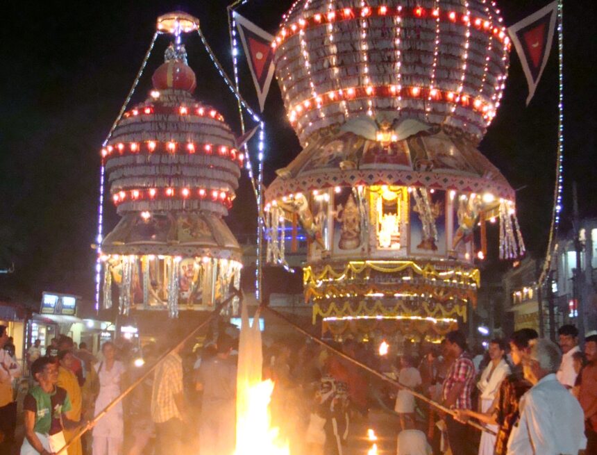 Udupi Sri Krishna Matha, Rathotsava, temple festival, chariot procession, religious celebration, cultural heritage, devotee participation, night festival