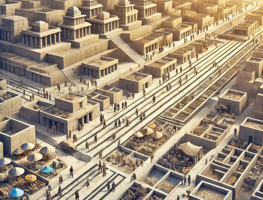 Indus Valley Civilization, ancient city, urban planning, geometric alignment, advanced drainage systems, historical architecture, market scene, Vedic measurement, civil engineering, ancient urban life, Vedic Principles of Geometry and Measurement