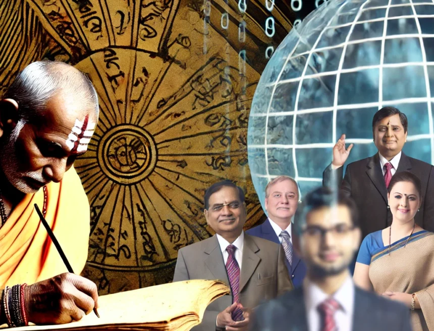 artistic_representation_dispalying_Sanskrit_The_Intelligence_Accelerator ancient Sanskrit, Indian scholar, palm leaves, modern leaders, global business, traditional Indian architecture, leadership, cognitive skills, cultural heritage, corporate imagery