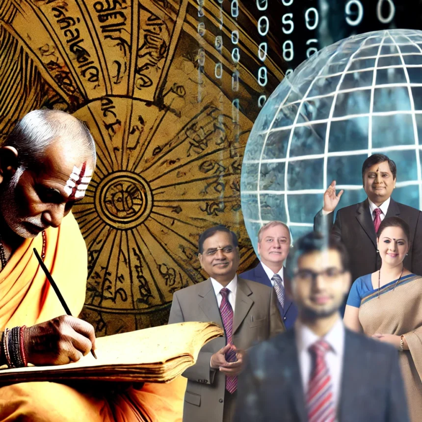 ancient Sanskrit, Indian scholar, palm leaves, modern leaders, global business, traditional Indian architecture, leadership, cognitive skills, cultural heritage, corporate imagery