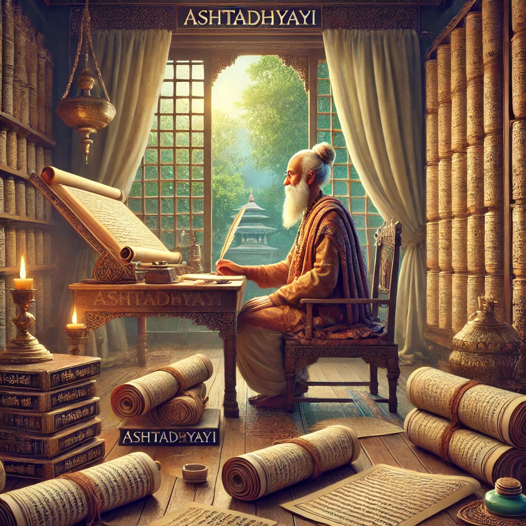 Panini, Ashtadhyayi, ancient Indian sage, scholarly setting, Sanskrit scripts, traditional Indian elements, Vedic study room, ancient manuscripts, intellectual ambiance, lush greenery