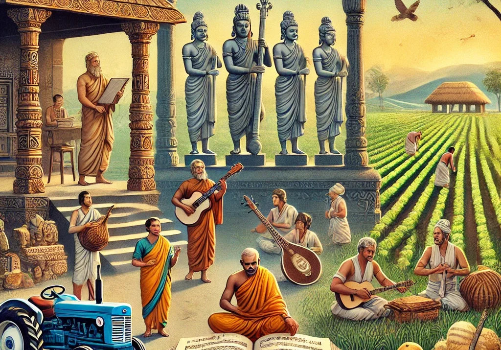 Vedic science, humanities and farming, ancient India, scholars, linguistics, traditional music, agricultural practices, sitars, tablas, Indian architecture, lush fields, artistic endeavors