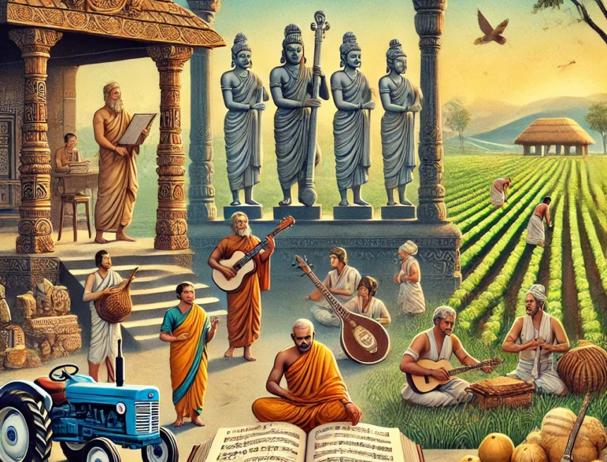 digital_feature_image_created_for_the_blog_Vedic_Science_Principles_of_Humanities_and_Farming Vedic science, humanities and farming, ancient India, scholars, linguistics, traditional music, agricultural practices, sitars, tablas, Indian architecture, lush fields, artistic endeavors