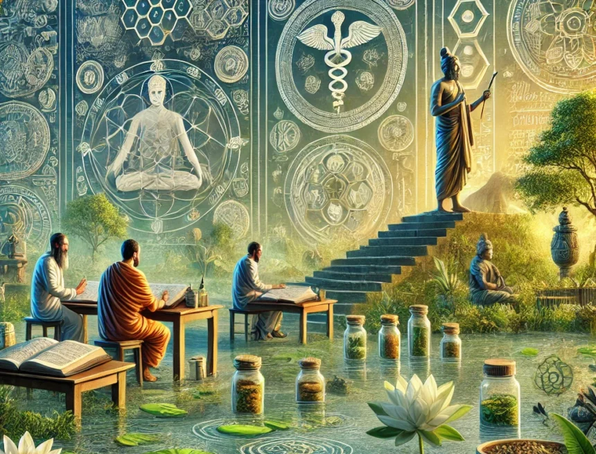 digital_feature_image_created_for_the_blog_Vedic_Science_Principles_of_Life_Science_and_Environment ancient Indian life sciences, environmental studies, Ayurvedic symbols, medicinal herbs, traditional Indian settings, scholarly discussions, ancient texts, lush greenery, water elements, architectural details, Vedic Science Principles of Life Science and Environment