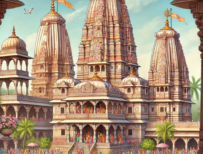 digital_illustration_created_to_represent_the_Radha_Raman_Temple_in_Vrindavan_capturing_the_essence_of_its_traditional_Rajasthani_architectural_style Radha Raman Temple, Vrindavan, Rajasthani architecture, temple worship, traditional attire, spiritual atmosphere, intricate carvings, temple Gopuram, devotees, Vrindavan greenery