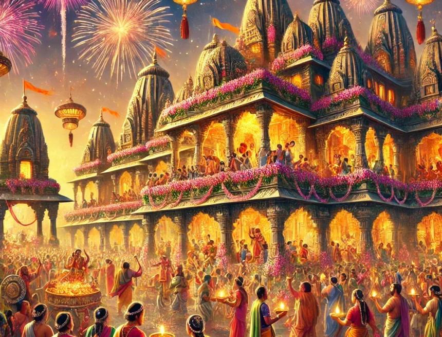 Hindu festival, Lord Rama, traditional attire, temple celebration, devotional activities, cultural event, religious gathering, vibrant celebration, Indian culture, festive decorations