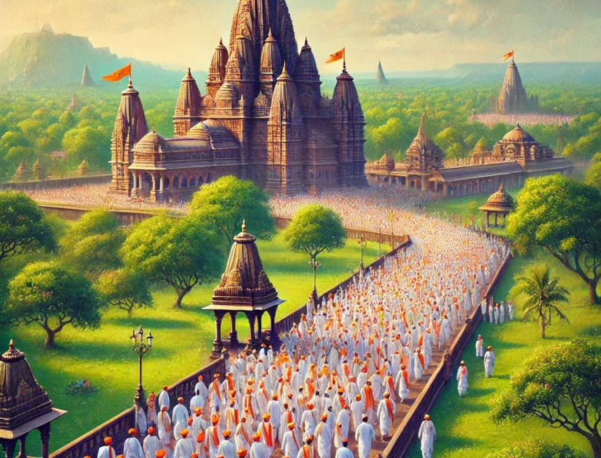 digital_image_created_for_the_blog_on_the_Vitthal_Temple_in_Pandharpur Vitthal Temple, religious procession, Pandharpur, Maharashtra, traditional clothing, Indian architecture, spiritual journey, pilgrims, lush landscape, serene ambiance