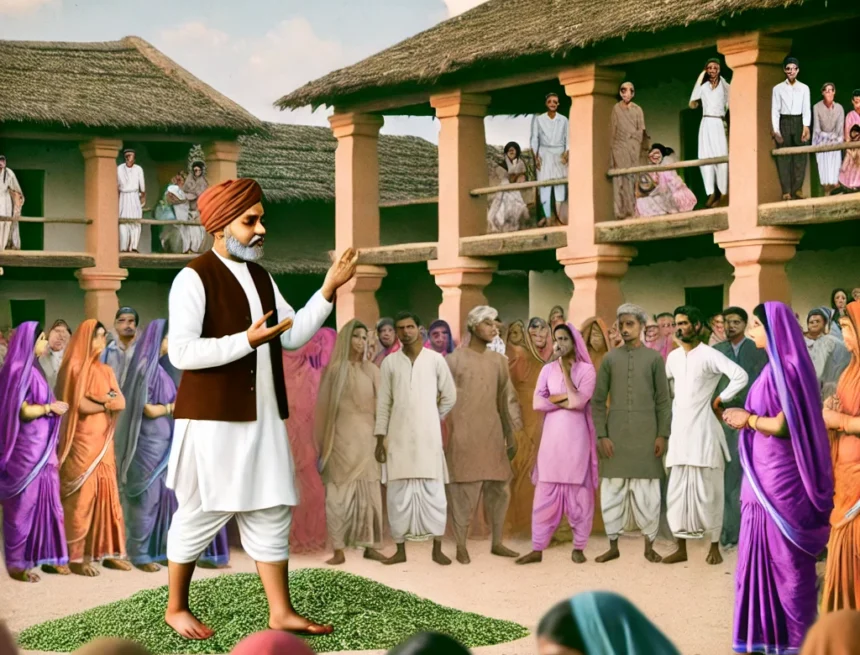 digital_image_created_to_depict_a_19th-century_Indian_social_reform_scene_inspired_by_Jyotirao_Phule Jyotirao Phule, Indian social reform, 19th-century India, historical scene, education reform, caste equality, traditional Indian architecture, village setting, diverse crowd, period attire