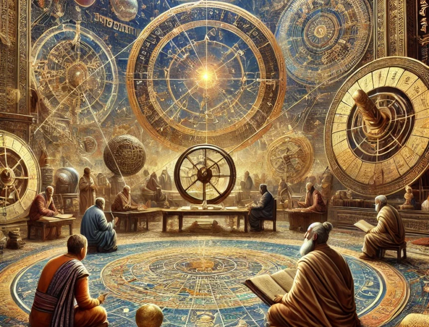 digital_image_created_to_represent_the_profound_influence_of_ancient_Vedic_sciences_in_mathematics_and_astronomy_set_in_an_ancient_observatory ancient Vedic observatory, Vedic mathematics, astronomical charts, celestial maps, geometric patterns, Sanskrit inscriptions, gnomon, armillary sphere, spiritual inquiry, scientific integration, Vedic Science Principles of Maths and Astronomy