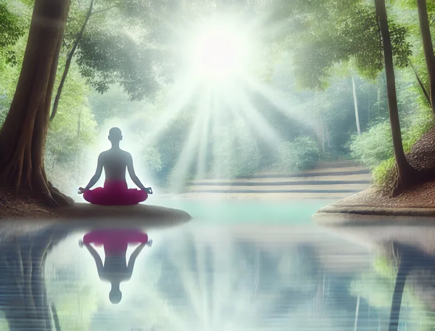 digital_image_created_to_visually_represent_the_concept_of_Yogashchittavrittinirodhah meditation, yoga, tranquility, peace, mindfulness, spiritual enlightenment, serene lake, lotus position, nature, calm