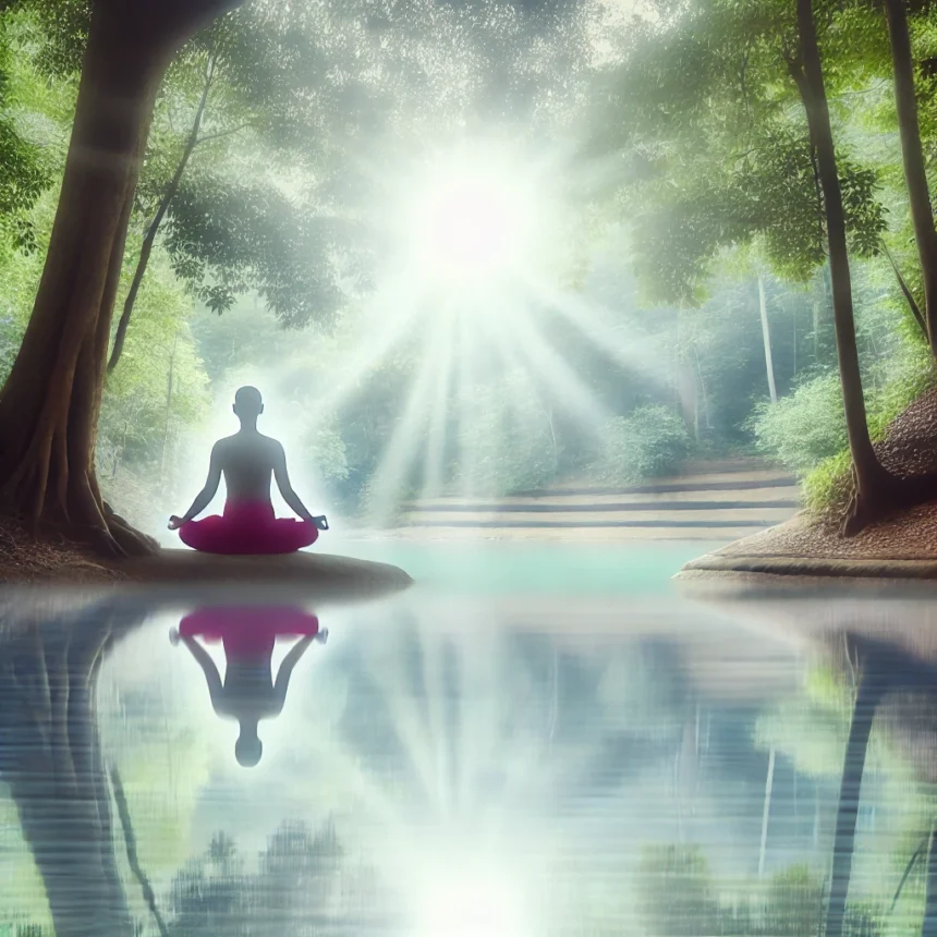 meditation, yoga, tranquility, peace, mindfulness, spiritual enlightenment, serene lake, lotus position, nature, calm