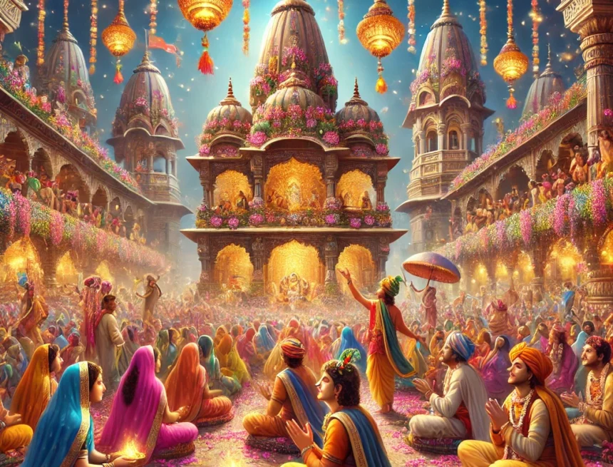 Krishna Janmabhoomi, Janmashtami festival, Mathura, temple celebration, traditional Indian attire, temple architecture, devotional activities