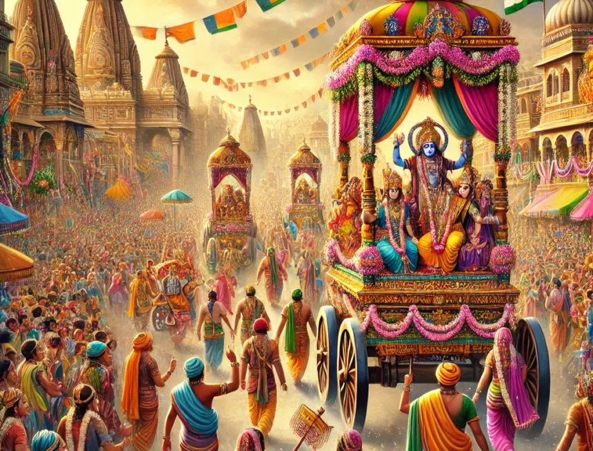 digital_image_for_your_blog_has_been_created._It_vividly_depicts_a_Hindu_festival_celebrating_an_avatar_of_Lord_Vishnu Hindu festival, Lord Vishnu, procession, traditional clothing, Indian architecture, cultural celebration, devotees, chariots, joyful celebration, musical instruments, Avatars