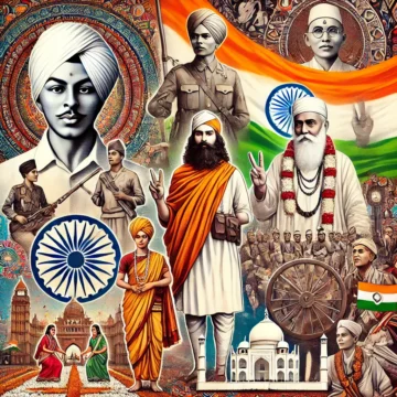 Bhagat Singh, Sankardev, Guru Nanak Dev Ji, Indo-Pakistani War, Indian culture, historical figures, peace symbols, national flags, Indian heritage, educational collage, India