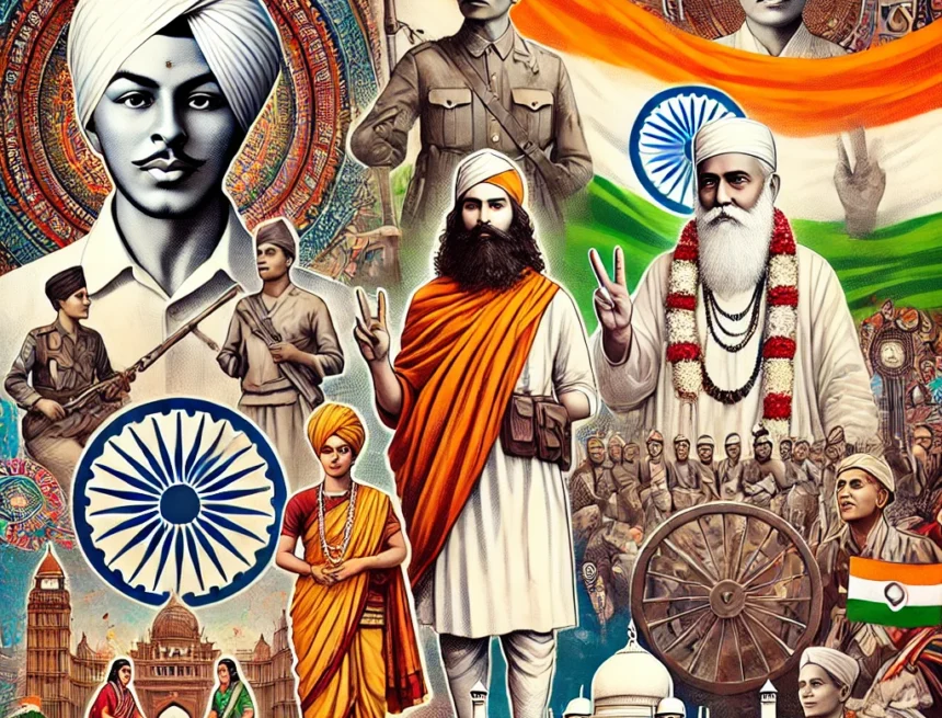 Bhagat Singh, Sankardev, Guru Nanak Dev Ji, Indo-Pakistani War, Indian culture, historical figures, peace symbols, national flags, Indian heritage, educational collage, India