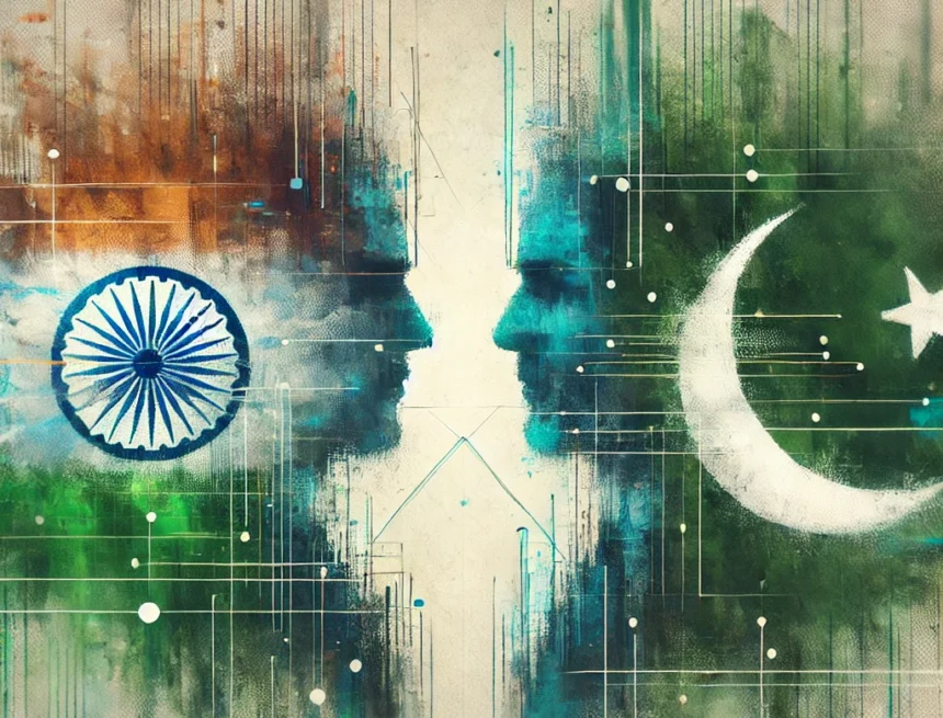 digital_image_representing_India-Pakistan_relations_under_I.K._Gujral's_tenure_symbolizing_the_complex_geopolitical_relationship India-Pakistan relations, Gujral Doctrine, diplomacy, geopolitical tension, abstract art, modern diplomacy, India, Pakistan, international relations, peace and conflict