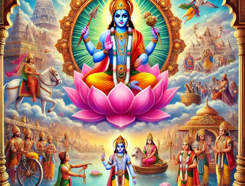 digital_image_representing__Loed_Vishnu_Avatars_vibrant_and_colorful_scenes_associated_with_the_major_festivals Lord Vishnu, Hindu festivals, Rama Navami, Krishna Janmashtami, Narasimha Jayanti, Vamana Jayanti, Govardhan Puja, Indian mythology, cultural celebration, traditional motifs, the Vishnu Avatars