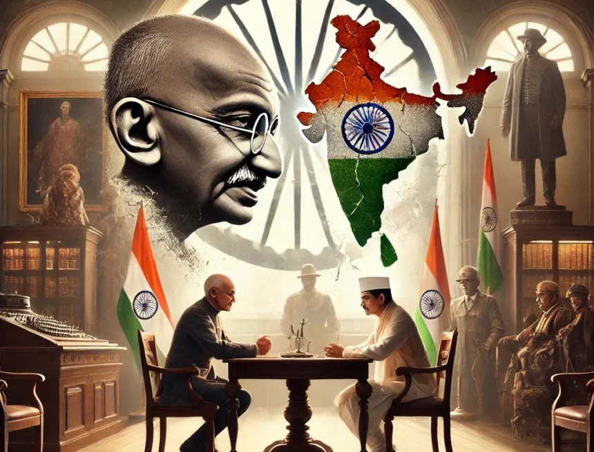 digital_image_representing_the_complexities_of_the_Poona_Pact_negotiations_between_Mahatma_Gandhi_and_Dr_BR_Ambedkar Mahatma Gandhi, B.R. Ambedkar, Poona Pact, colonial India, Indian leaders, historical negotiations, cultural motifs, Indian constitution, independence, British colonialism