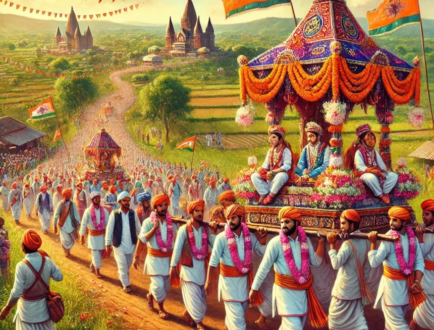 image_representing_various_aspects_of_the_Pandharpur_Palkhi_Festival,_capturing_the_vibrant_and_colorful_scene_of_the_celebration_in_Maharashtra_India Pandharpur Palkhi Festival, Varkaris, Maharashtra, traditional attire, cultural festival, rural India, palanquins, festive atmosphere, community celebration, spiritual procession