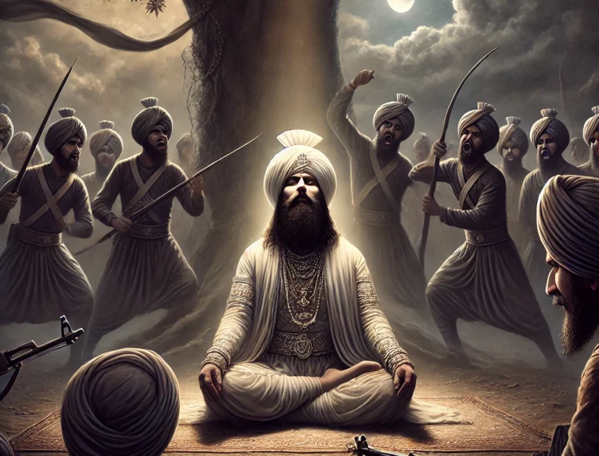 Digital_image_Guru_Tegh_Bahadur_during_his_martyrdom_solemn_and_dramatic_moment_of_his_execution_serene_meditation_amidst_surrounding_chaos Guru Tegh Bahadur, Sikh Guru, martyrdom, Mughal soldiers, 17th century, serenity, religious sacrifice, Sikhism, historical painting, digital art